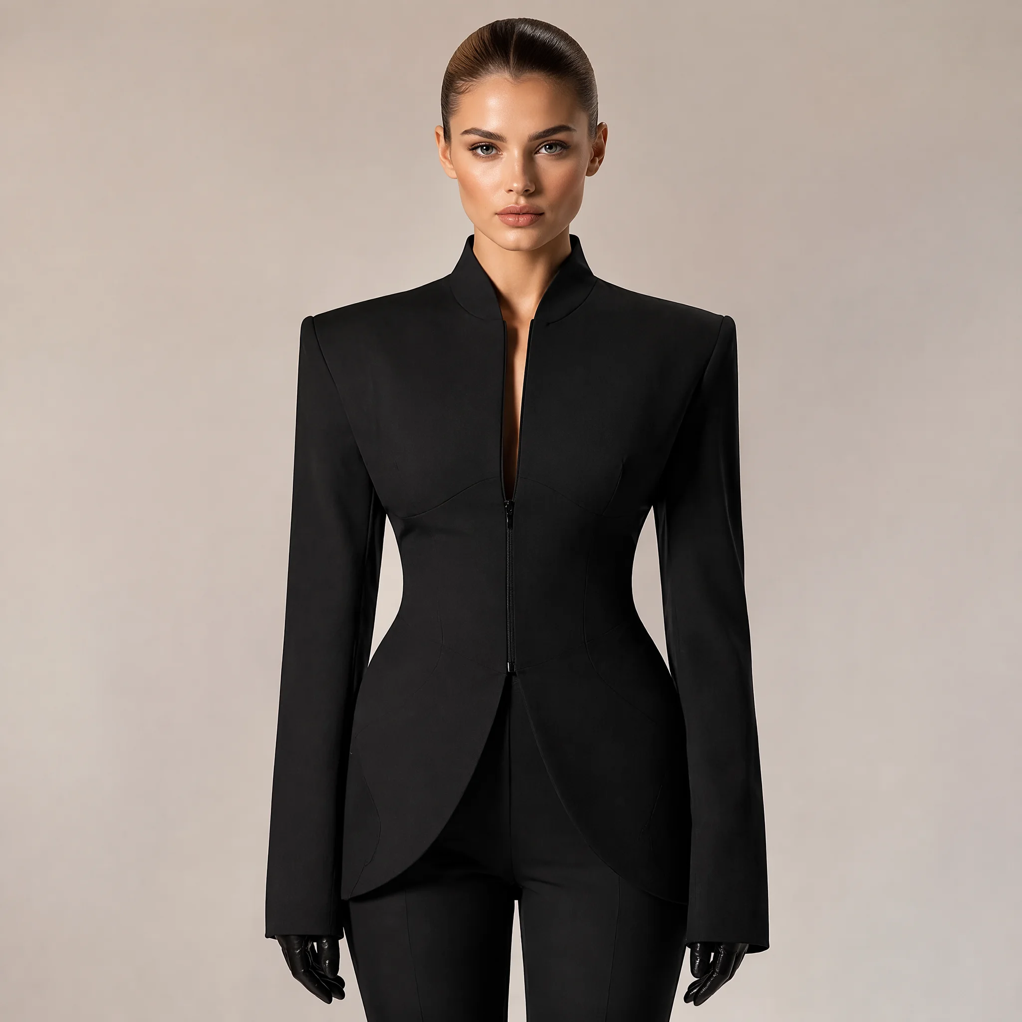 RU Women Stand Neck Zip Up Blazer Hourglass Silhouette Pocket Curved Hem Slim Fit Jacket Outerwear For Formal Daily Outfit