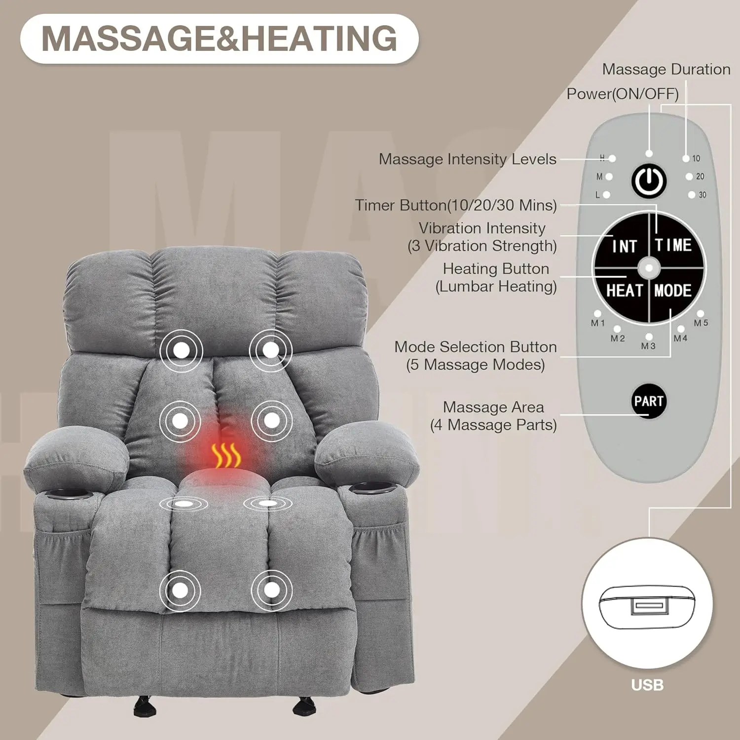 Massage Rocker Recliner Chair with Heat and Vibration Ergonomic Rocking Lounge Chair for Living Room Comfy Overstuffed Recliner