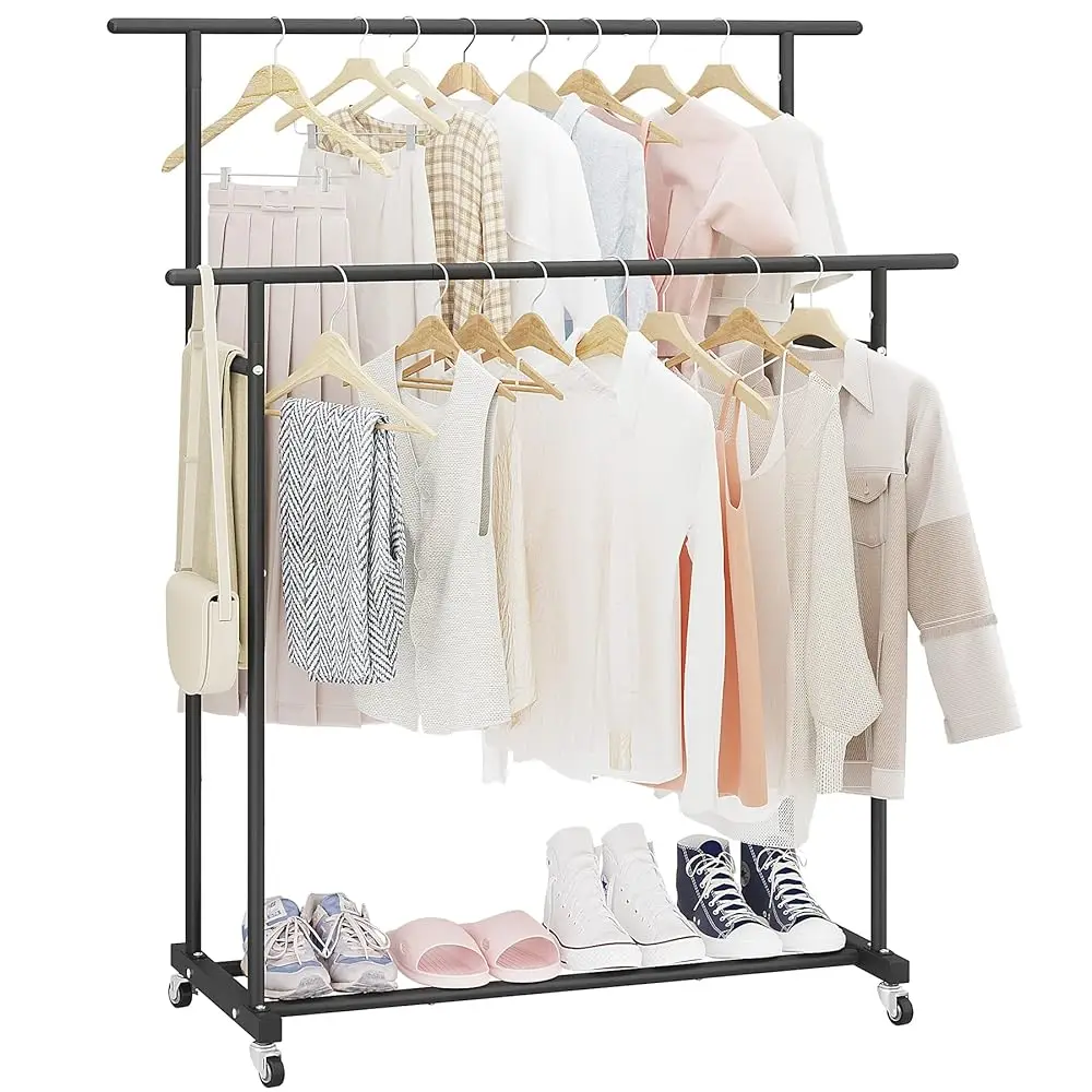 

Double Rod Clothing Garment Rack,Rolling Hanging Clothes Rack,Portable Clothes Organizer For Bedroom,Living Room,Clothing