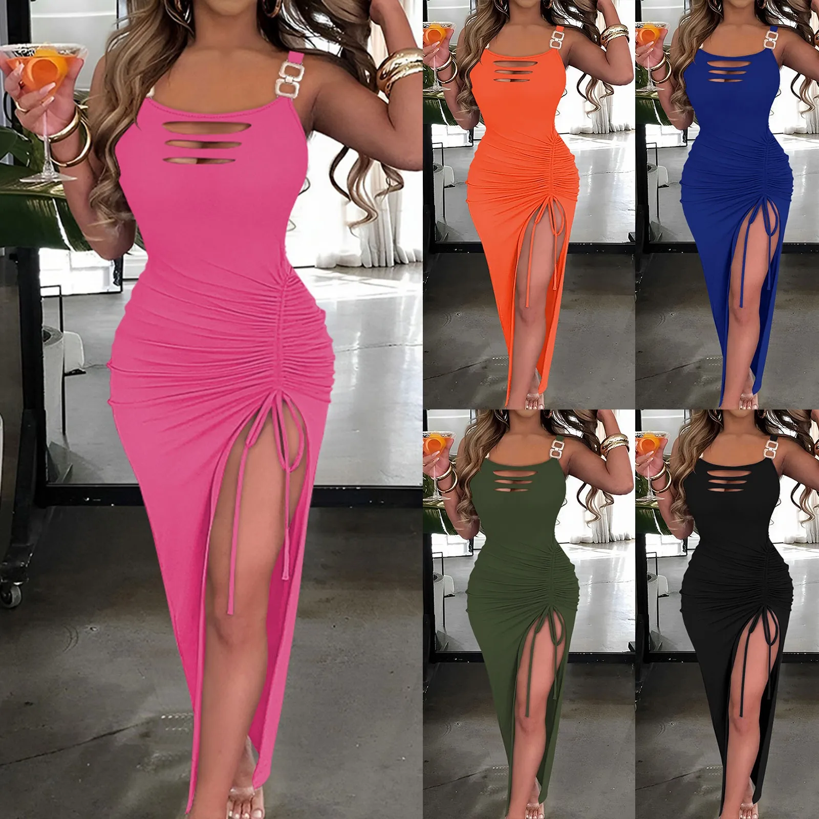 

Women Dress V Neck Hollow Split Hem Pleated Slim Sexy Casual Solid Dresses Sleeveless Summer Fashion Elegant Female Vestidos