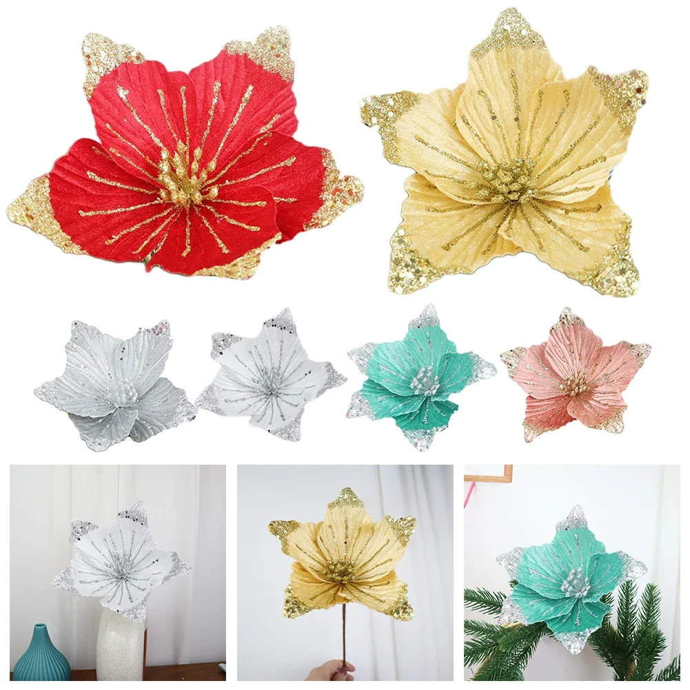 

Glitter Christmas Poinsettia Flower 21cm Realistic Xmas Tree Hanging Flower Merry Christmas Decoration Xmas Gifts Happy New Year