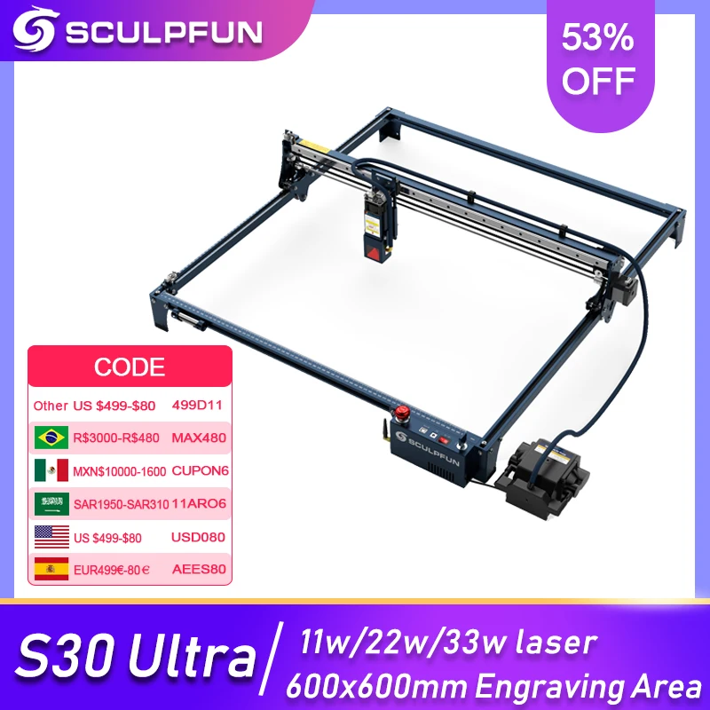 SCULPFUN S30 Ultra 33W /22W/11W Engraving machine Automatic Air-assist System Replaceable Lens 600x600mm Engraving Area