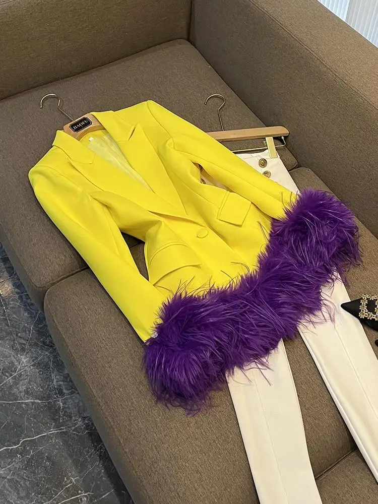 Faionable Women's Autumn Winter Suit Jaet Removable Feather Trim Commute Sle Long Sve Double Button Pure Color