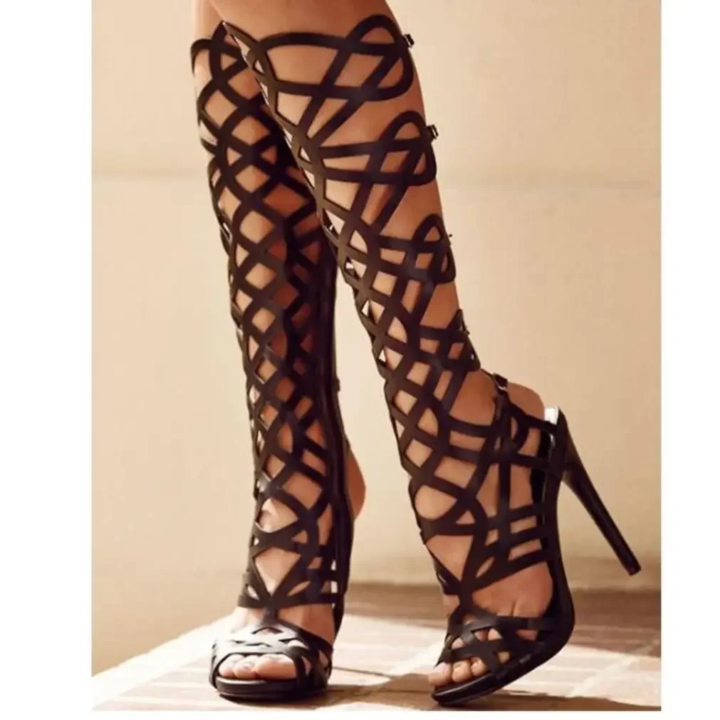 Hollow Mesh Thigh High Boots Zipper Peep Toe Cut Outs Knee High Booty Women Summer Sexy Party Dress Club Boots Shoes