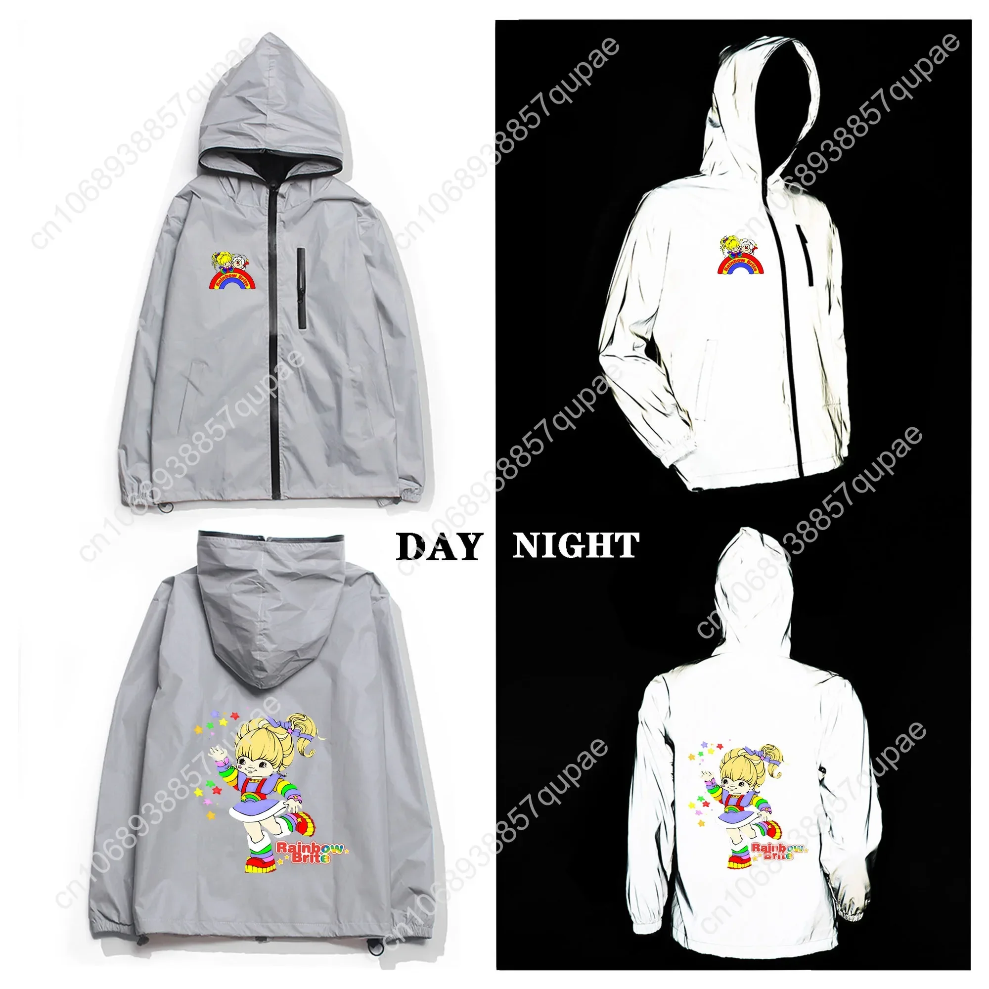 Brite Rainbow Reflective Jacket Cartoon Anime Men Women Coat Hooded Windbreaker Runing Pocket Jacket Cycling Customized Hoodie