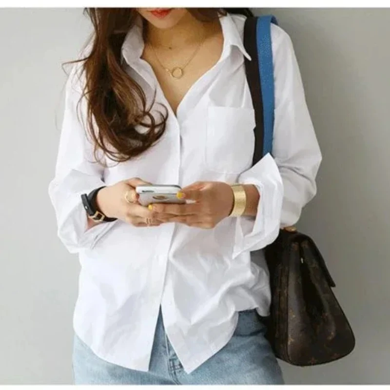 2024 Autumn New Long Sleeve Shirt WOMEN Solid Color Base OL White Shirt Office Lady Fashion Turndown Collar Women’s Blouse