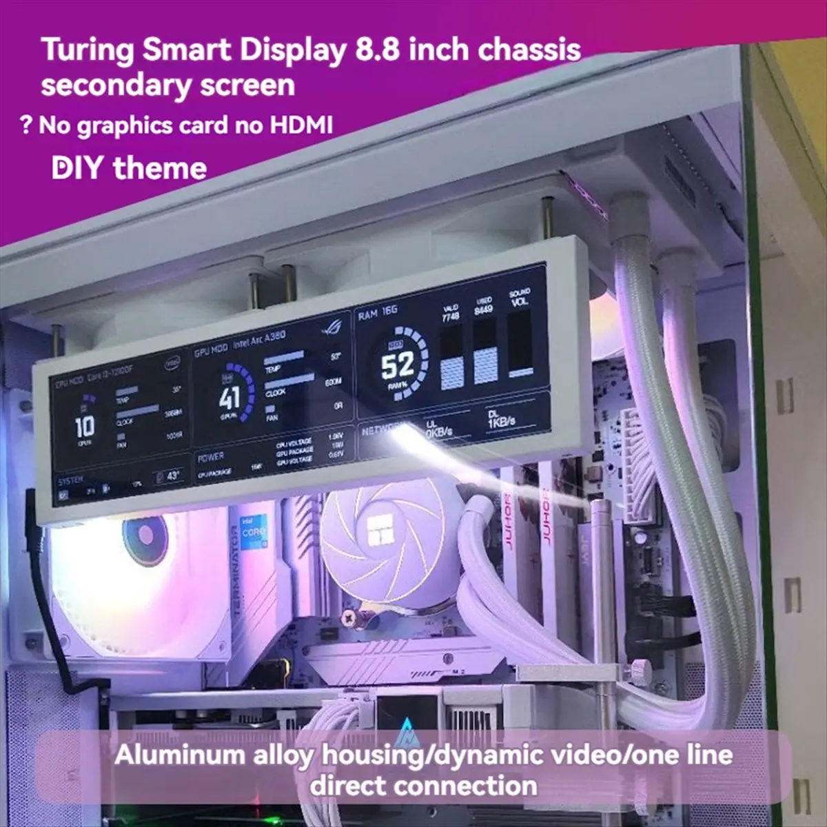 A40I Turing 8.8Inch IPS Type-C Secondary Monitor - Smart Display Case for CPU, GPU, RAM Monitoring with USB Interface White