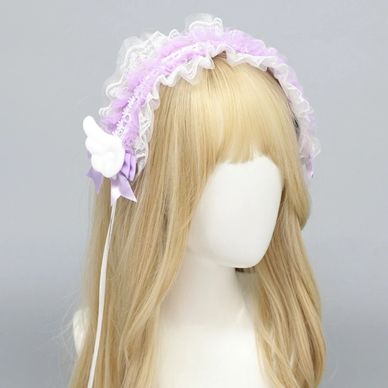 Women Gothic Bows Lace Headwear with Lovely Wing Ribbon Headbands Subculture Flouncing Headwear Photo Props