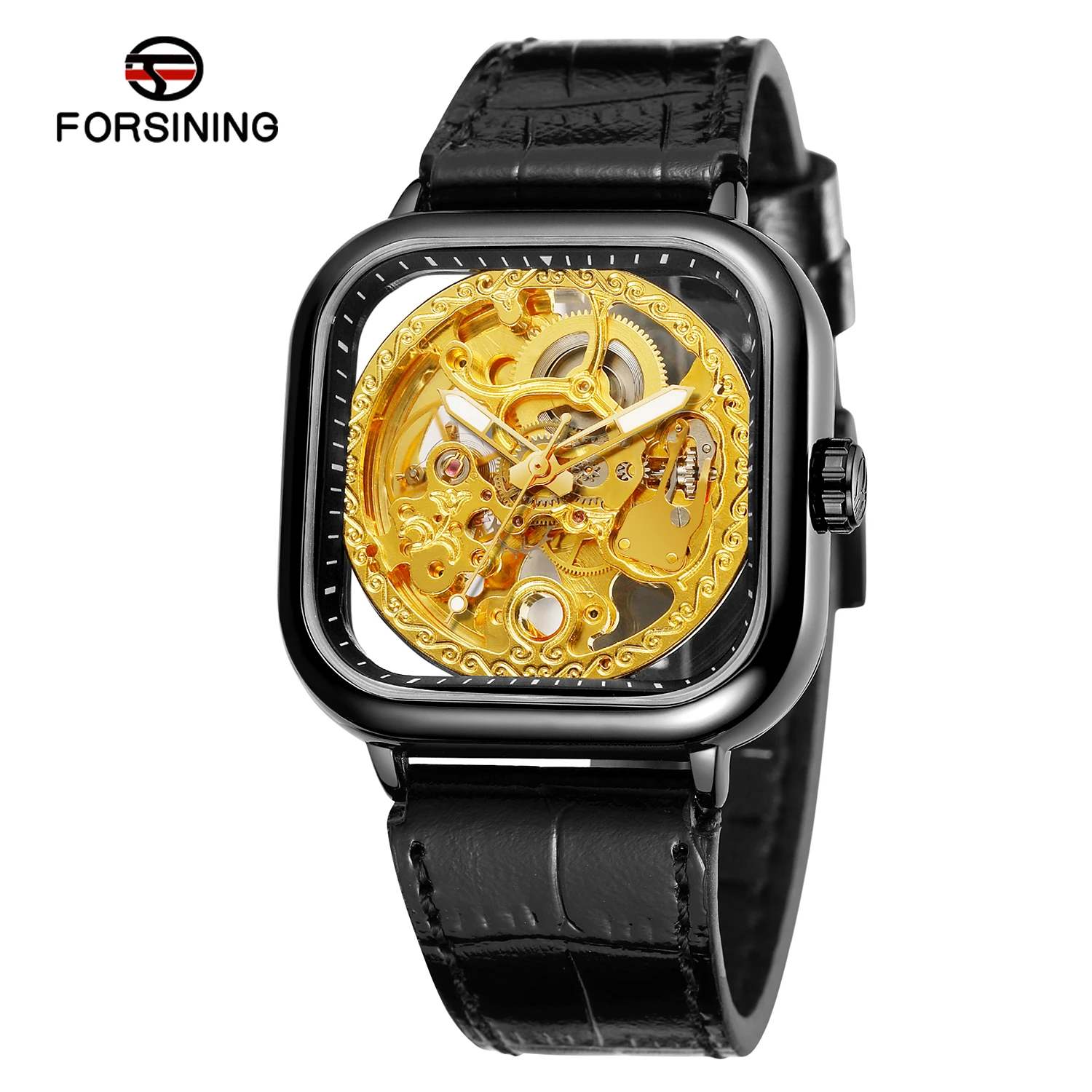 

FORSINING квадратный корпус с гравировкой, черные, золотые мужские часы, автоматические механические часы со скелетом, светящимися стрелками, мужские часы из натуральной кожи