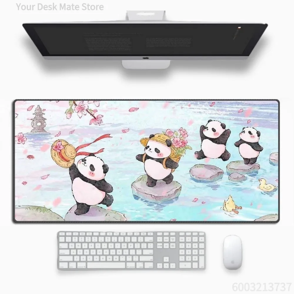 Cute Panda Cherry Blossom River Large Gaming Mouse Pad Watercolor Art Non-Slip Rubber Desk Mat for Office Home Gamer