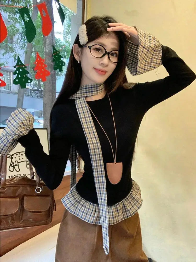 Cseta Fena de Manga Longa com Estampa Xadrez e Detalhes Florais, Estilo Coreano, E para o Dia a Dia
