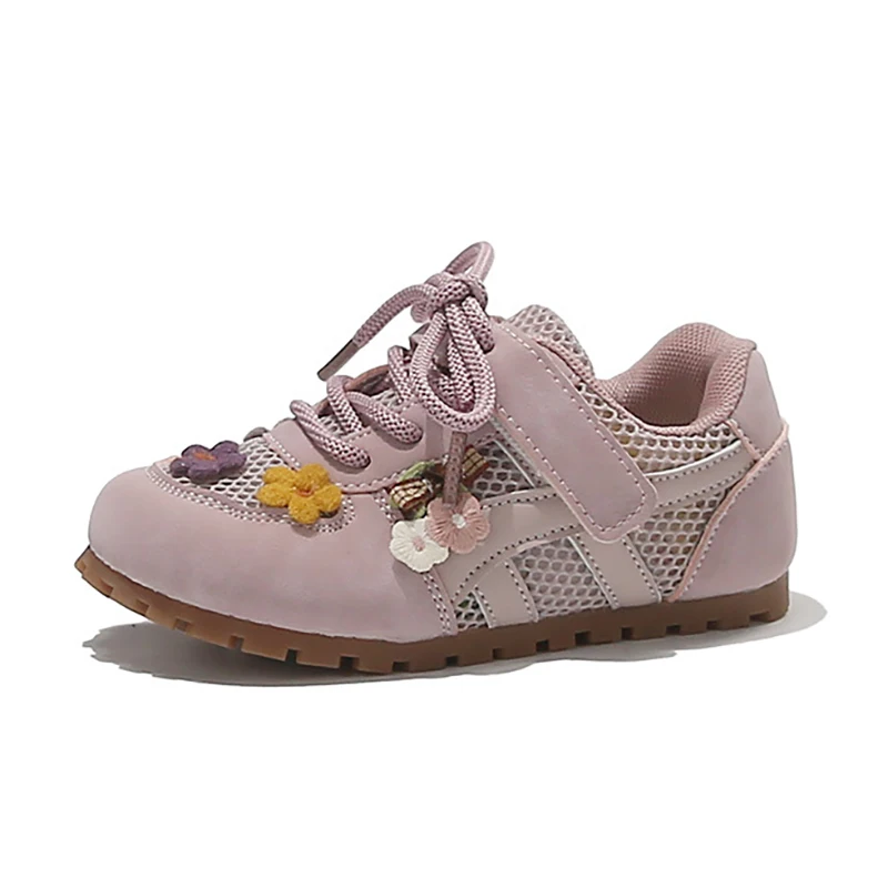 2026 Summer Girls Flower Sneakers Hollow Mesh Breathable Lace Up Flat Shoes Sweet Casual Running Shoes for Kids