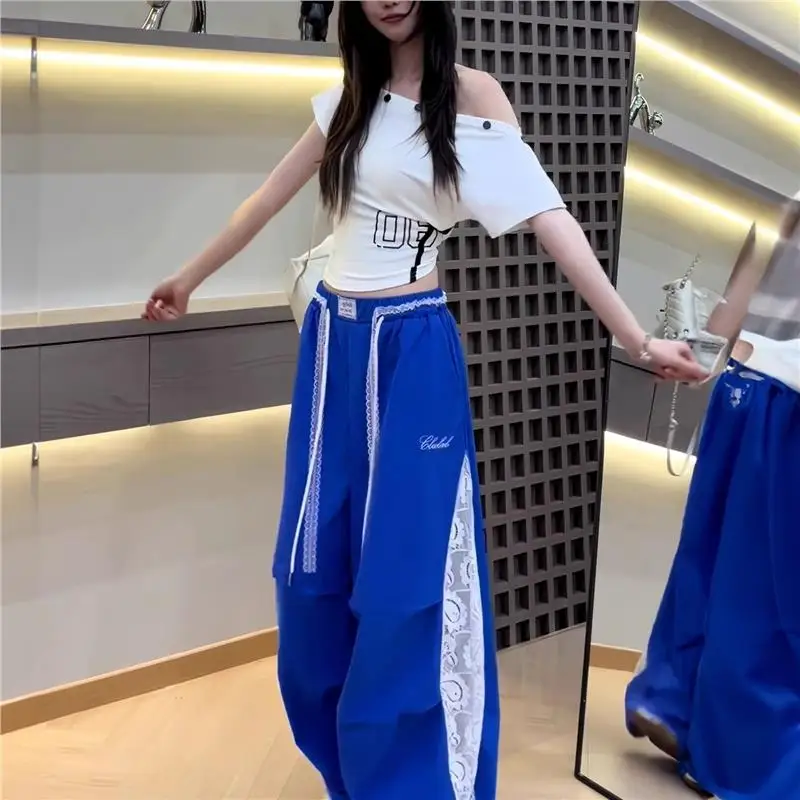Trendy American Klein Blue Splicing Lace Design Thin Quick Dry Work Pants Sports Wide Leg Casual Paratrooper Pants