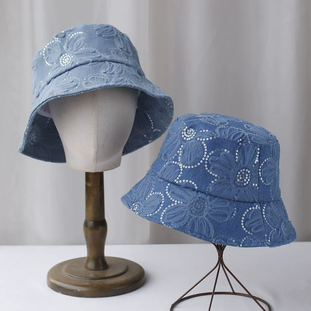 Korean 2025 New Style Large Brim Floral Sequin Denim Fisherman Hat Women's Big Head Sunshade UV Protection Bucket Hat