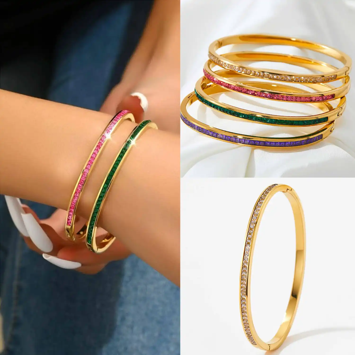 Gelang baja tahan karat berlapis emas kualitas tinggi kristal warna-warni gelang tangan Baguette Cz perhiasan untuk wanita