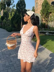 Hugcitar 2026 Cherry Print Straps Backless Draped Sexy Bodycon Mini Dress Summer Women Elegant Clothes Birthday Party Vacation