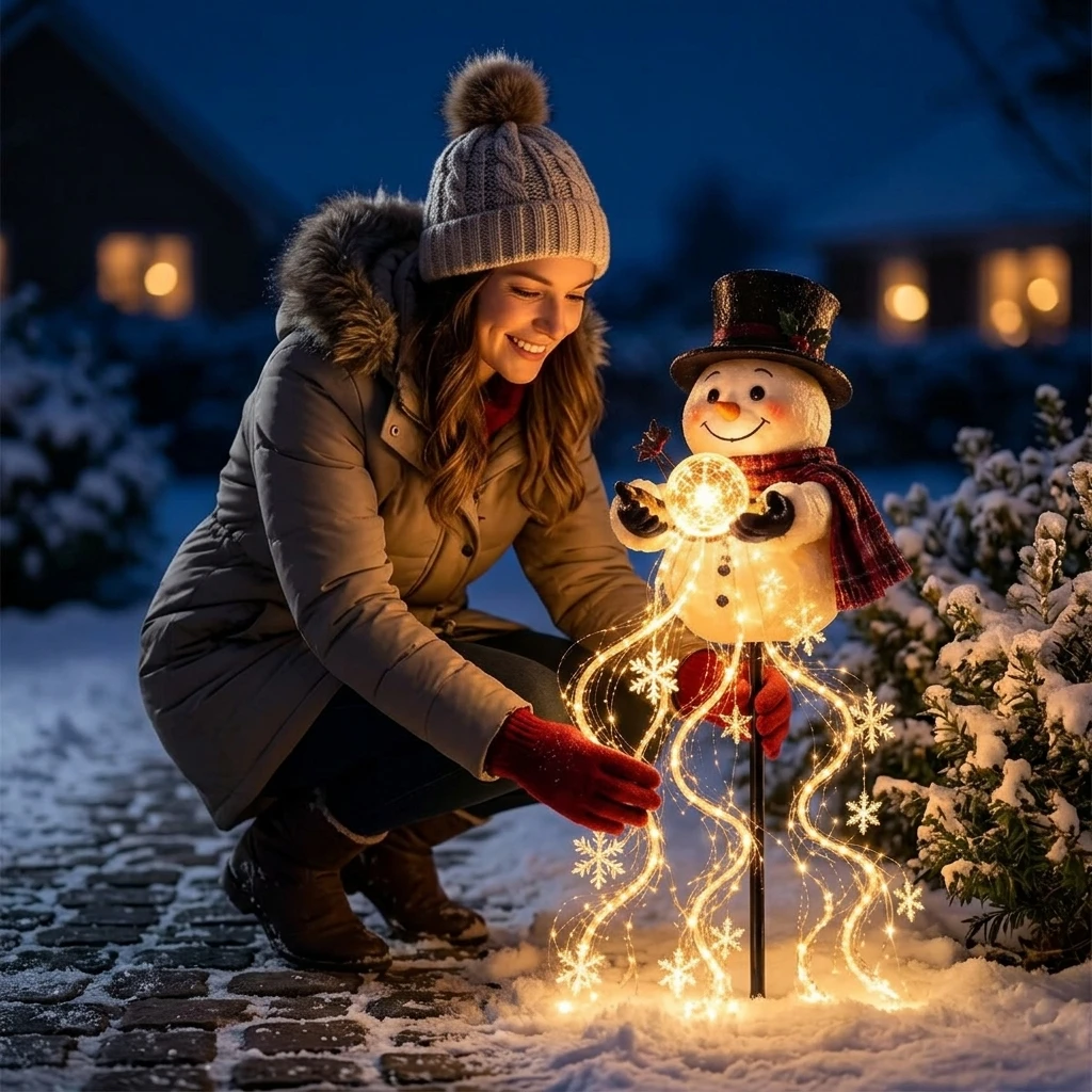 クリスマスガーデンや屋外のホリデー装飾に最適な、エレガントな雪だるまの噴水ライト。防水加工の樹脂製で、高さ80cm。