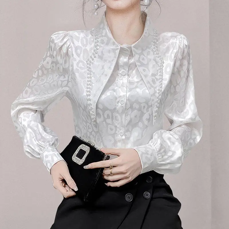 Polo-Neck Tops Leopard Decoration Long Lantern Sleeve Office Lady Temperament Autumn Winter All-match Chic Female New Shirts