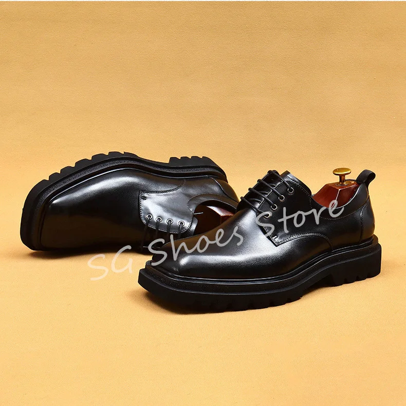 British Style Big Head Business Leather Shoes for Men Comfortable Casual Lace-Up Shoes Male Chunky Bottom Shallow Oxfords