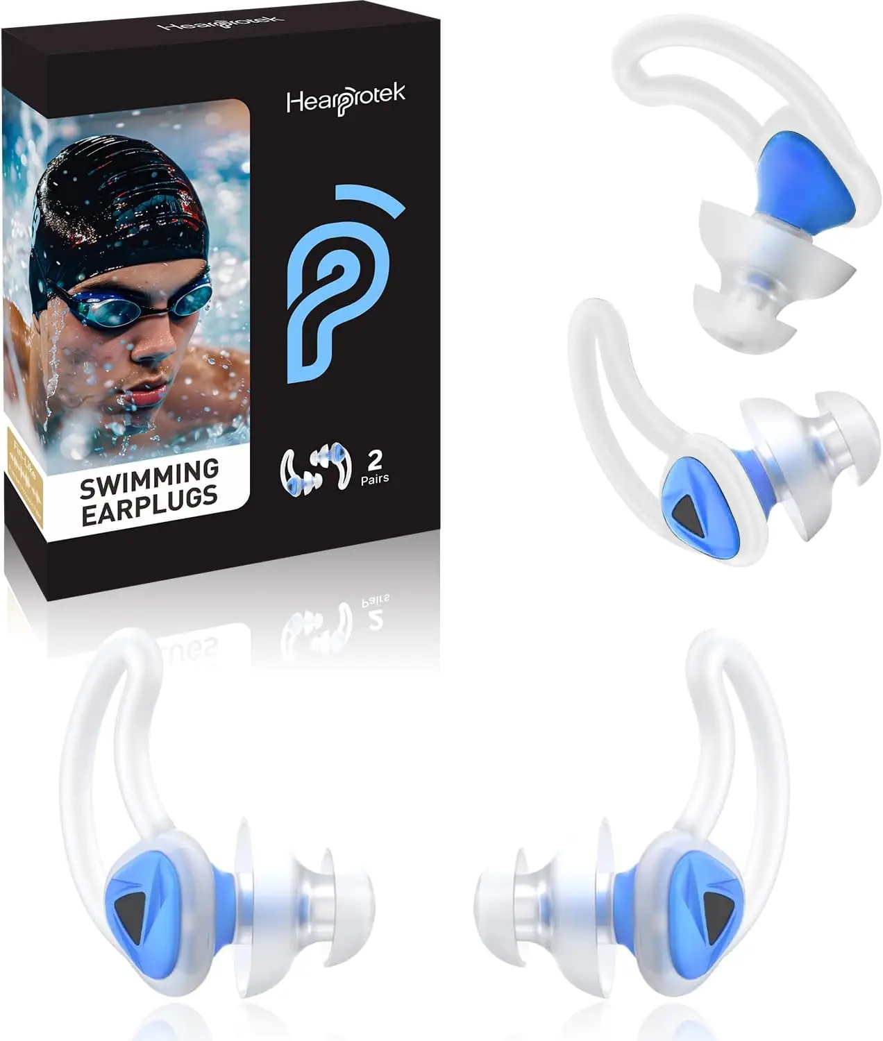 

2 Pairs Soft Silicone Reusable Waterproof Ear Plugs for Swimming, Custom Fit for Adults, Pool, Beach, Snorkeling, Surfing (Blue)