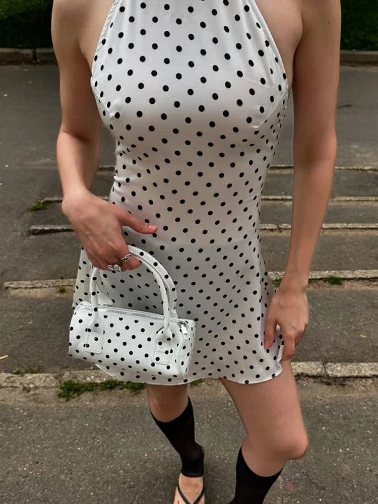 Polka Dots Print Neckholder-Schnürkleid für Damen, sexy, rückenfrei, ärmellos, Minikleider, 2025, Herbst, neue weibliche Mode, Straßenroben