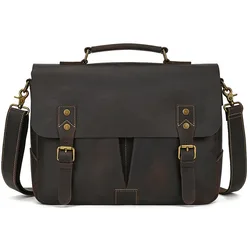 Highend Vintage A4 Brown Genuine Crazy Horse Leather Executive 14‘’ Laptop Men Briefcase Messenger Bag Portfolio Handbag M2009