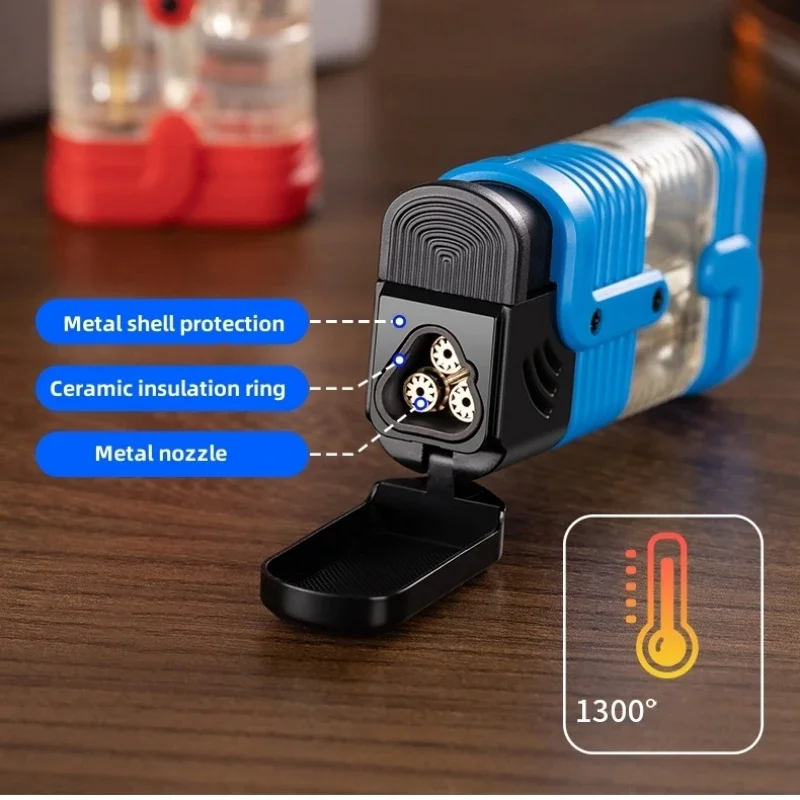 New three-fire high temperature direct injection gas cigar lighter windproof transparent oil tank with cigar cutter