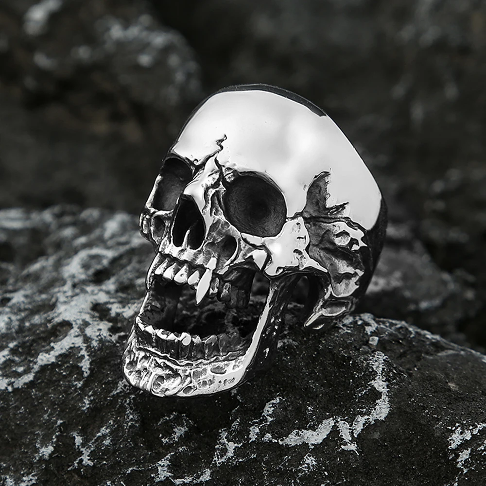 High Polish Gothic Vampire Skull Rings For Men Heavy Skull Stainless Steel Biker Ring Punk Motorcyclist Jewelry Gift Size 7-15