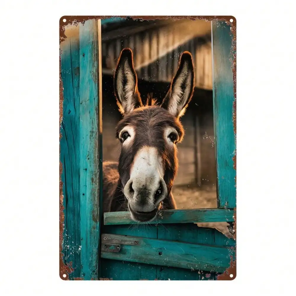Farmhouse Donkey Metal Wall Art 8x12 Inch - Rustic Vintage Iron Sign with Blue Barn Fence Design, Durable Farm Animal Decor f
