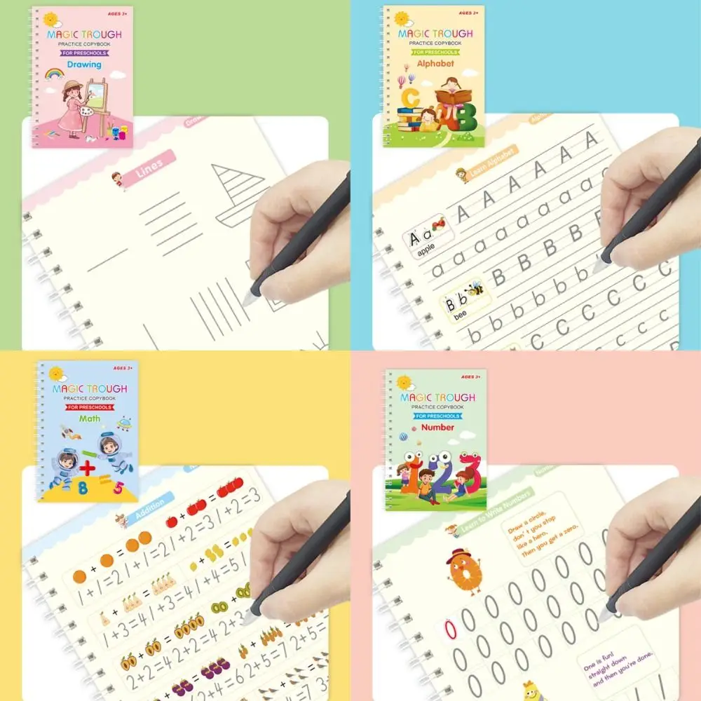 Cahier Montessori d'apprentissage des mathématiques, cahier de calligraphie anglaise, cahier d'entraînement magique, stylo de contrôle d'entraînement, ensemble de papeterie, lettre, 4 pièces