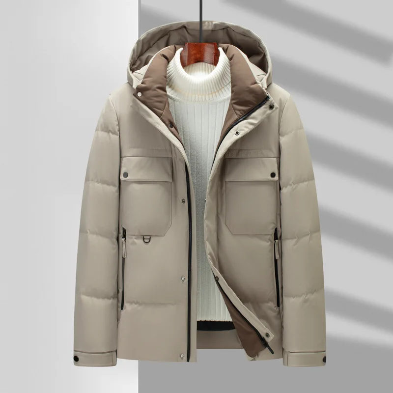 Chaqueta de plumón con cuello levantado para hombre, chaqueta juvenil cálida y gruesa de invierno, con capucha, resistente al frío, 2024