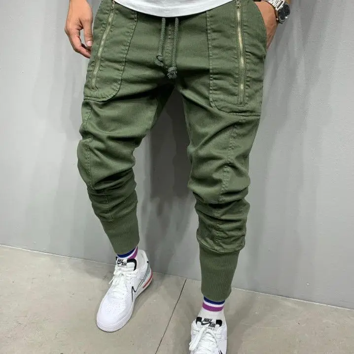 Men Casual Work Trousers Patch Pocket Tether Elastic Sports Foot Pants