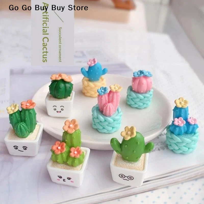 4Pcs Mini Resin Cactus Figurines Ornament Cute Cartoon Artificial Plant Ornament For Home Office Tabletop Micro Landscape Decor