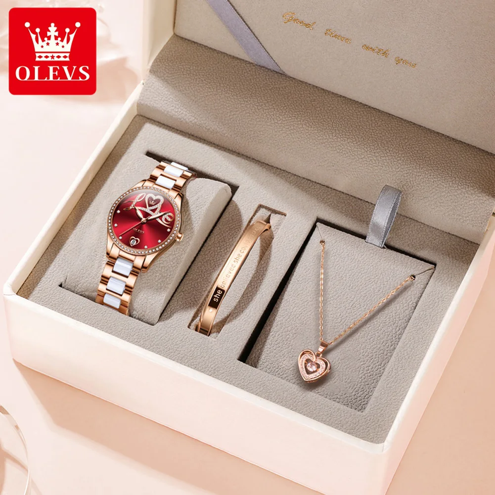 OLEVS Original Automatic Wrist Watch for Women Fashion Elegant Diamond  “Love” Dial Ceramics Strap Mechanical Wristwatch Set