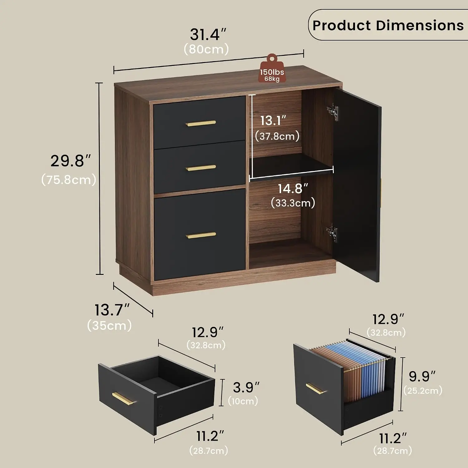 Office Storage Cabinet with 3 Drawers, Filing Cabinet for Office
