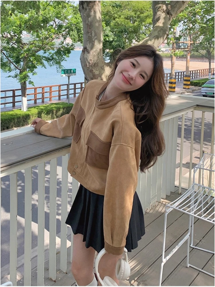 Maillard-Chaqueta tipo Cargo de ante marrón para mujer pequeña, chaqueta Bomber informal de gran tamaño, ropa de abrigo versátil, primavera y otoño