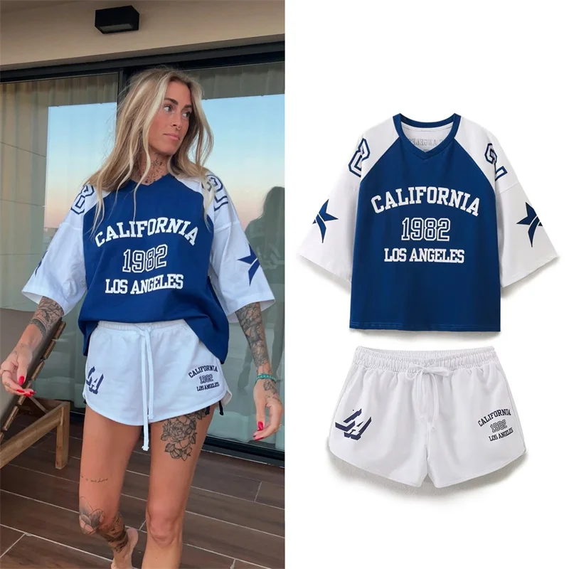 

Women's suit New Summer 2025 Color-blocked alphabet loose T-shirt sports shorts set Sexy and lively Fashionable personality