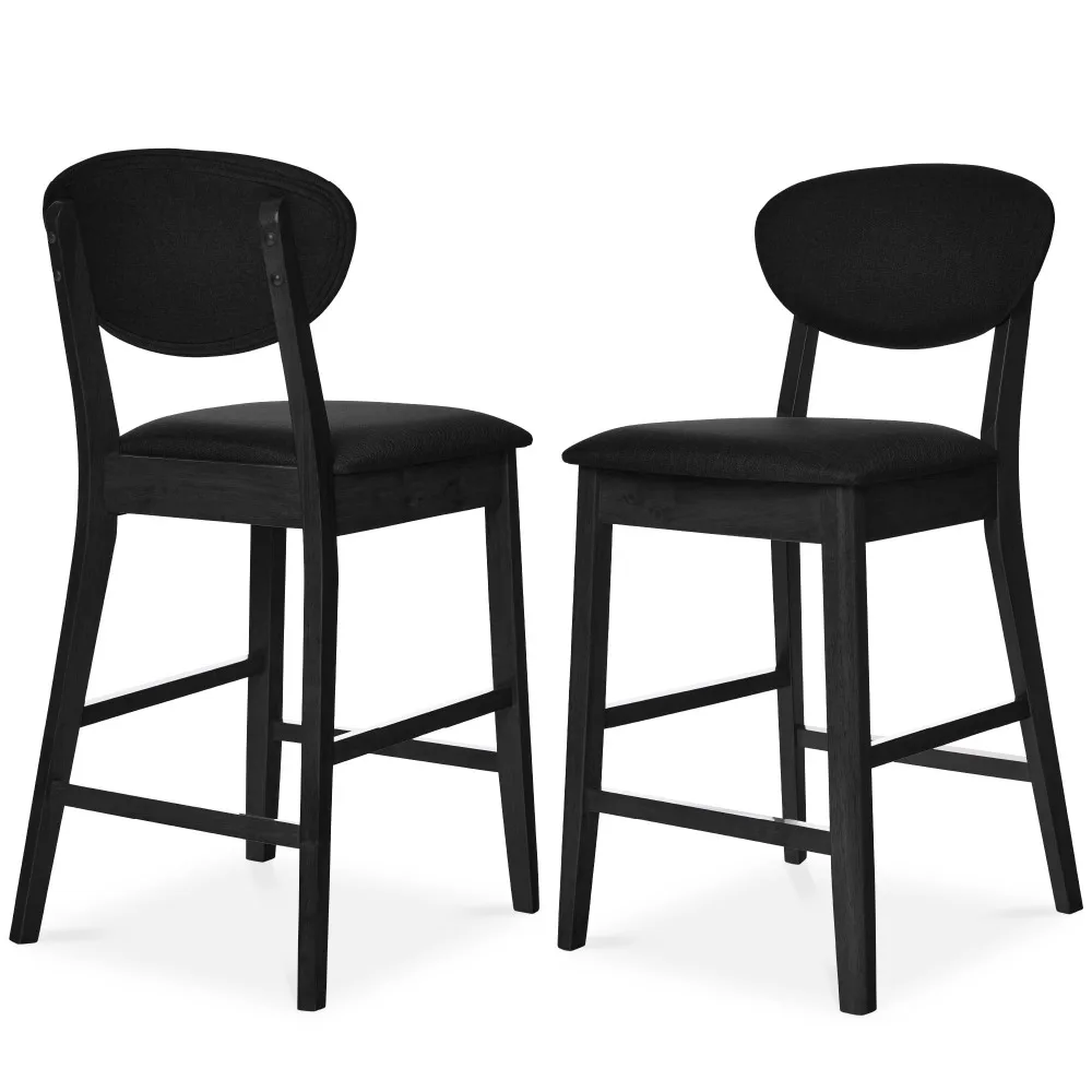 Set of 2 Counter-Height Bar Stools, Mid-Century Modern, Armless Wood Stools W/Upholstered Seat Cushion & Backrest for