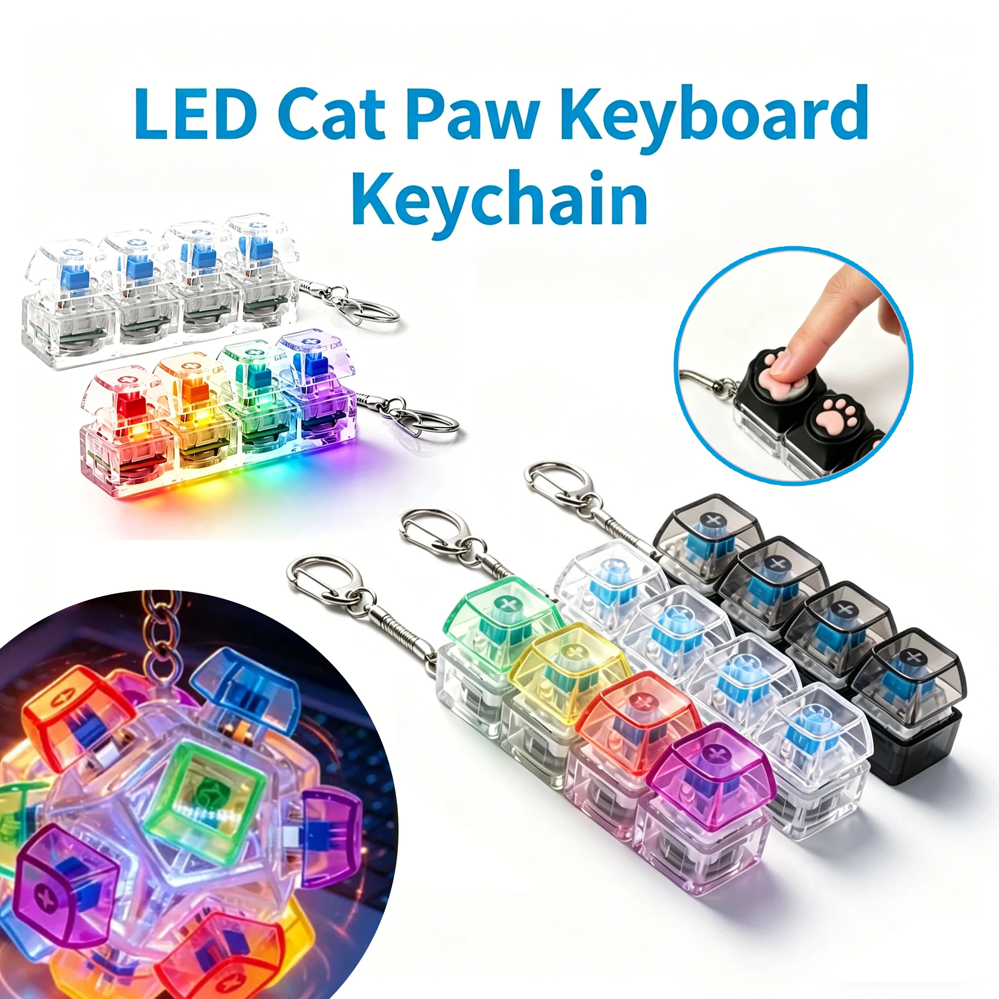 LED Light-Up Keychain Keyboard Clickable Button Fidget Toy for Stress Anxiety Relief Portable Desk Accessory Office Decor Gift