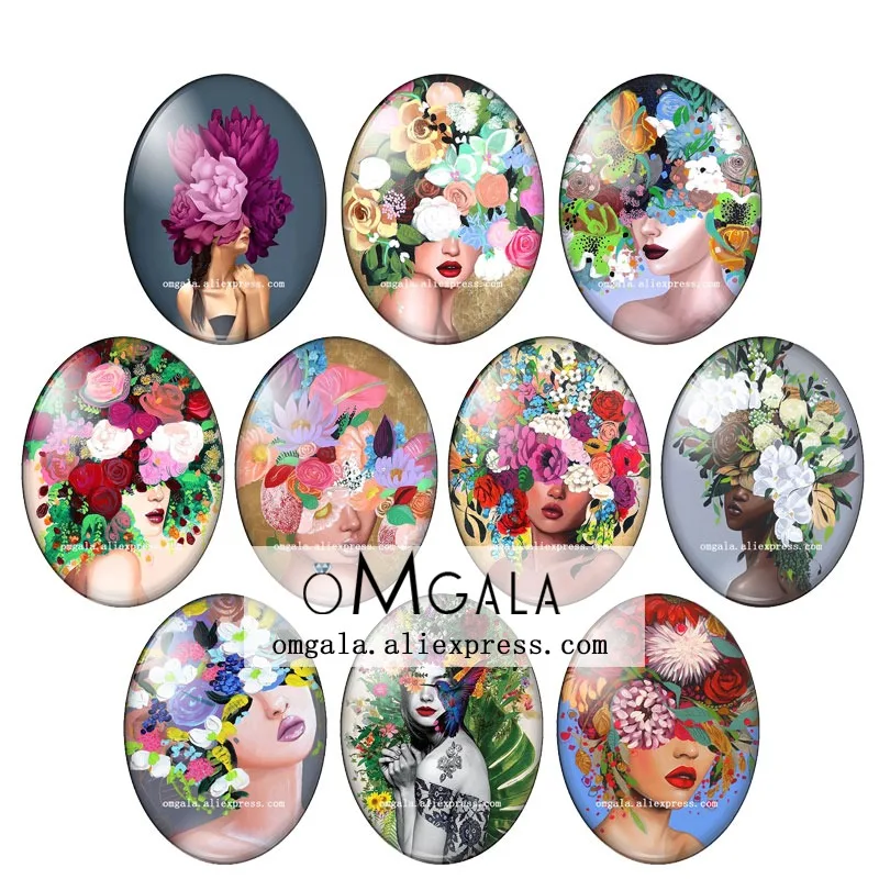 

Fashion Colorful Flower with Girls Art Oil Paintings 13x18mm/18x25mm/30x40mm Oval photo glass cabochon flat back Making findings