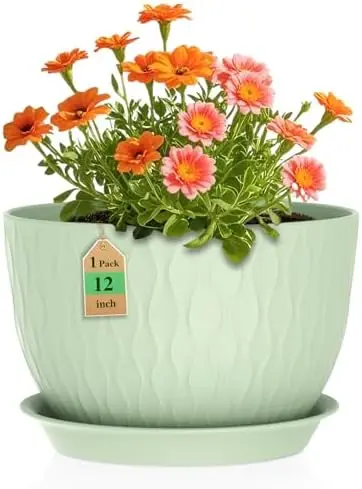 

12-дюймовые большие горшки для растений с дренажными отверстиями и блюдцем, набор пластиковых горшков для использования в помещении и на открытом воздухе (зеленый)