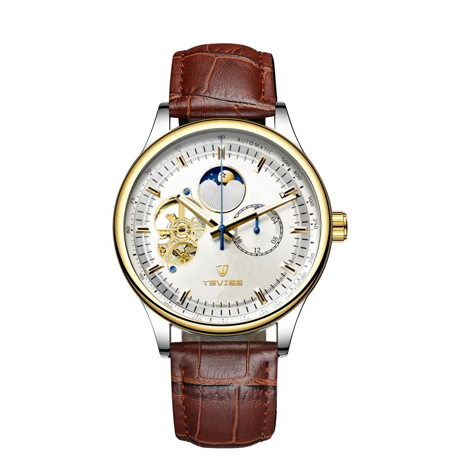 TEVISE New Man Mechanical Watch Skeleton Watch Luxury Automatic Watch Luminous Leather Band Waterproof Watch