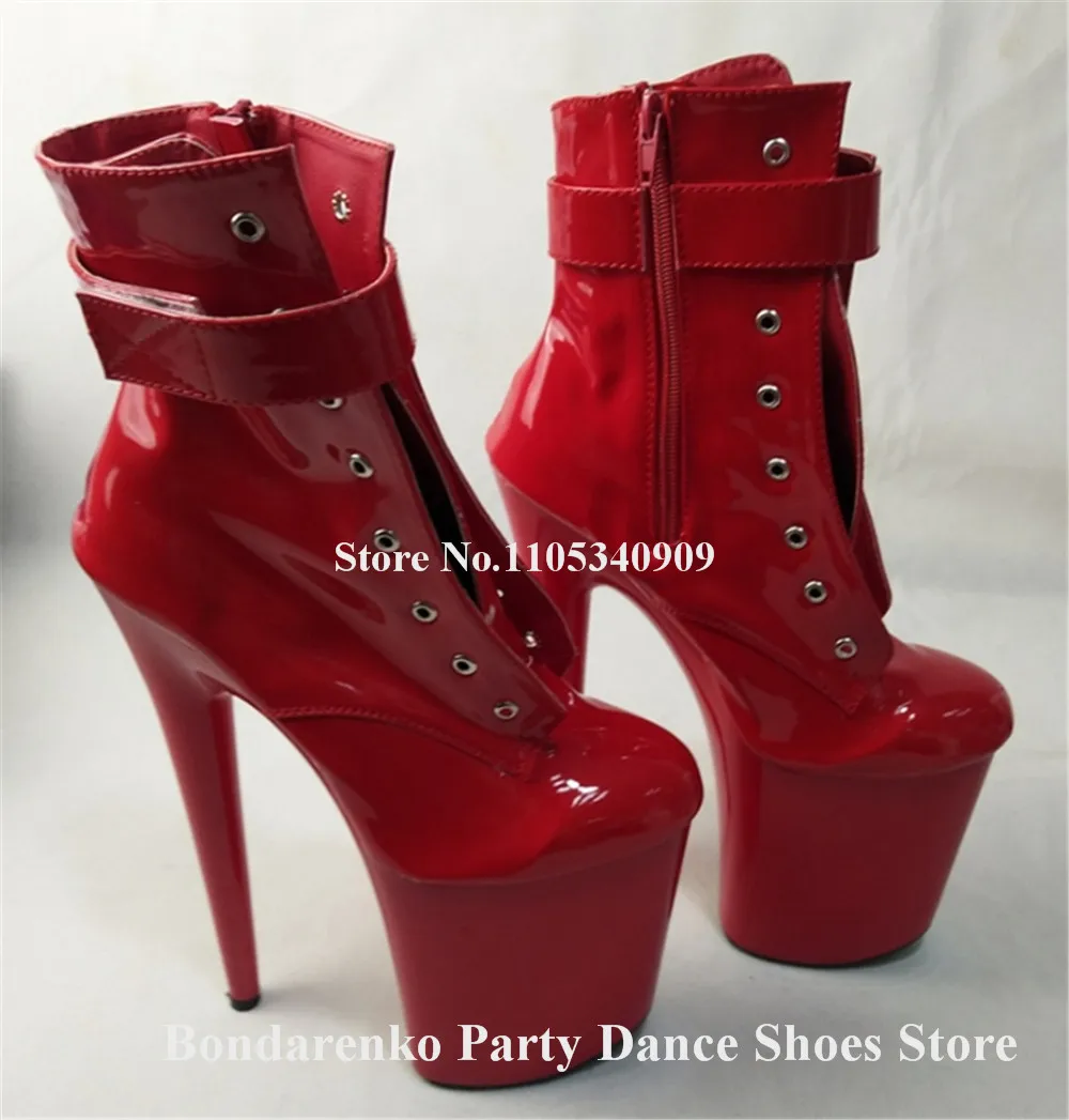 Red Black Patent Leather Stiletto Heel Short Boots Round Toe Lace-up Ankle Buckles High Platform 20cm Thin Heel Dance Shoes