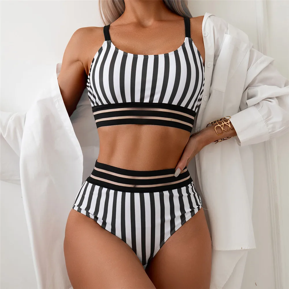 

Black White Striped Bikini High Waist Sexy Swimsuit Women Mesh Patchwork Bandeau Swimwear Bathing Suit Push Up Bikinis Sets 2025