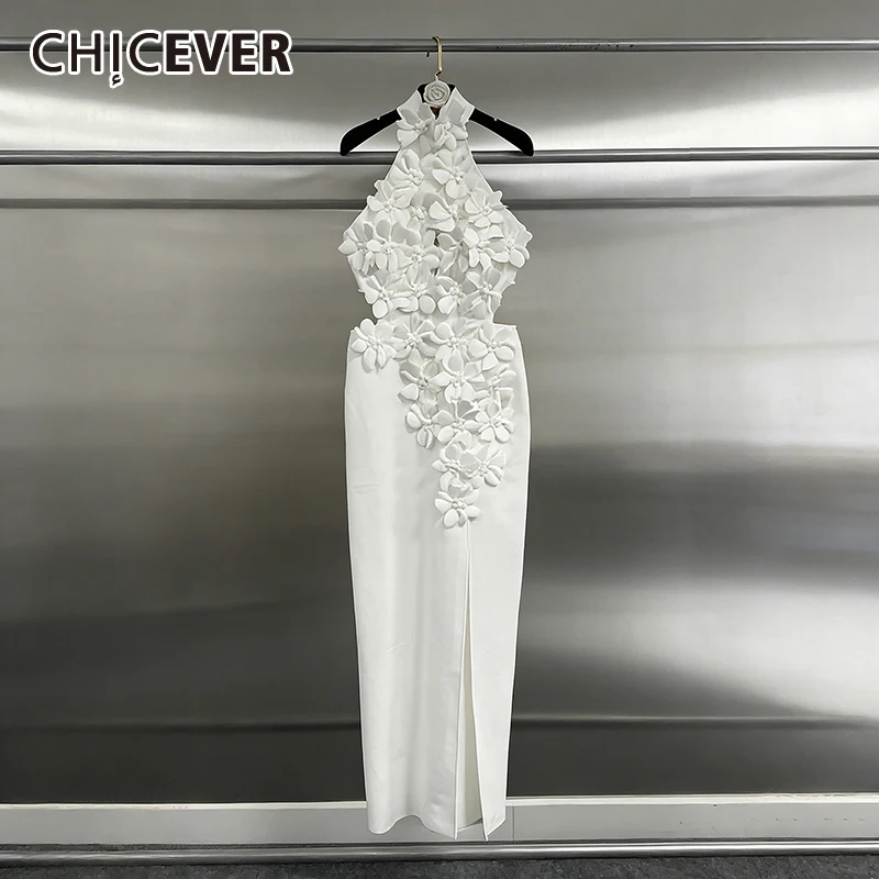 CHICEVER Solid Spliced 3D Flower Dress Female Halter Sleeveless Slimming Elegant Intellectual Women's Dresses Summer Fashion New