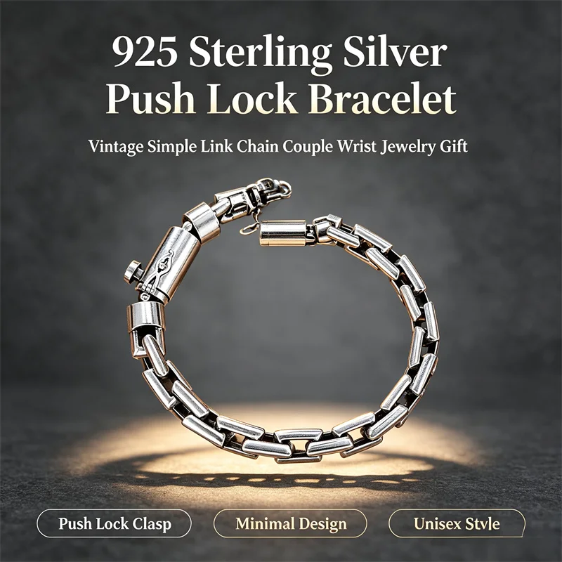 OUYADI Retro S925 Silver Couple Bracelet Push Insert Lock Clasp Simple Versatile Link Chain Fashion Unisex Wrist Jewelry