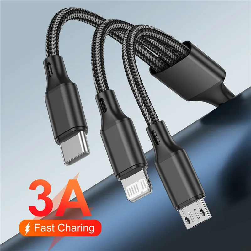 3A 3in1 Charging Cable Micro USB Type-C Fast Charger Multi Usb Port Charging Cord For iPhone Huawei Samsung Charger Wire