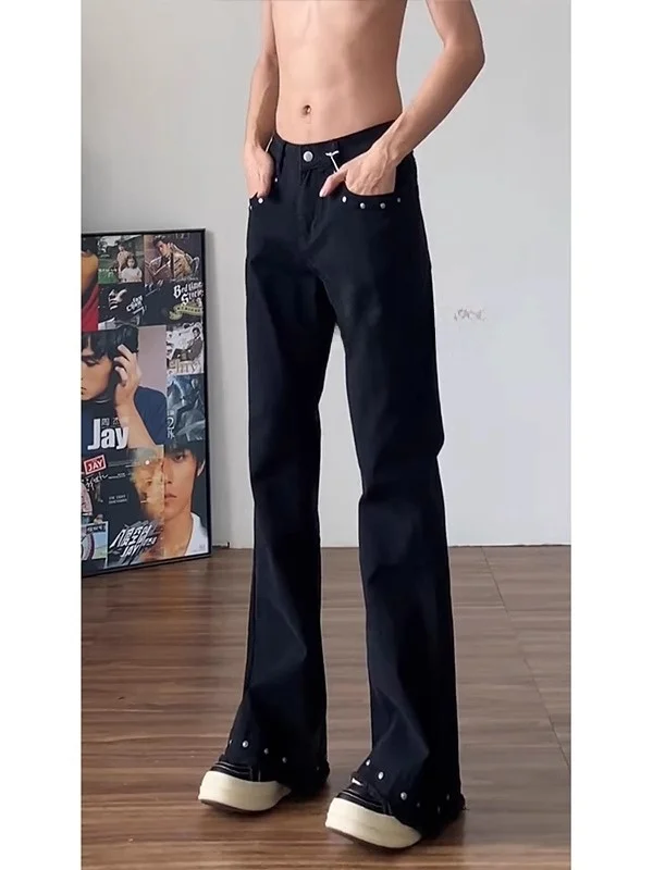 

Модные мужские джинсы прямого кроя с заклепками и рваным краем, с высокой талией, удлиненные, в американском стиле, повседневные, синие, из денима, для весны и осени