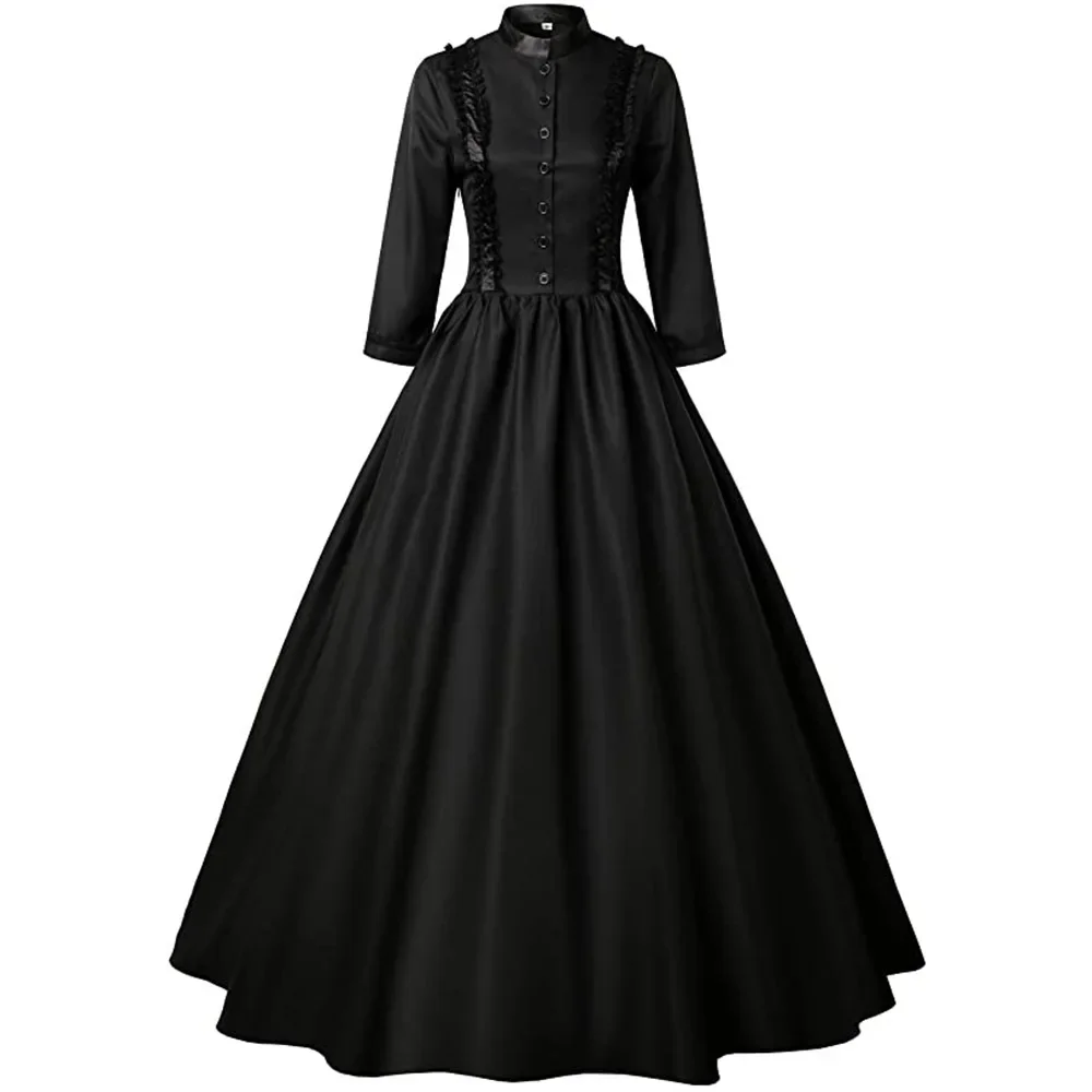 Disfraz de princesa Vintage Medieval para mujer, conjunto de vestido oscilante negro liso para novia, Palacio de Halloween, gótico real, elegante, vampiro, novia