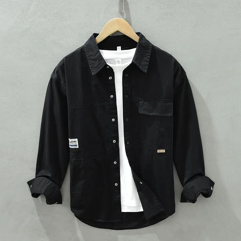 

Японская модная рубашка-карго, мужская рубашка с длинным рукавом, весна-осень, повседневная рубашка с лацканами из чистого хлопка, рубашка цвета хаки, свободные рубашки для мужчин